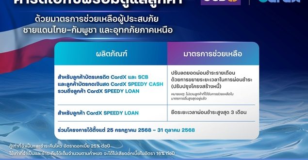 คาร์ดเอกซ์ ออกมาตรการเร่งด่วน ช่วยเหลือลูกค้าที่ได้รับผลกระทบจากสถานการณ์ ชายแดนไทย–กัมพูชา และอุทกภัยภาคเหนือ