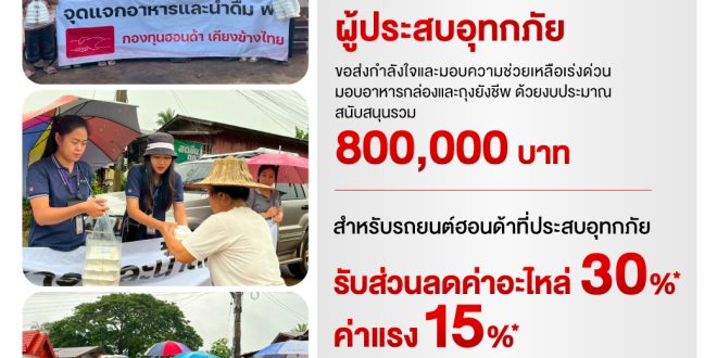 กองทุนฮอนด้าเคียงข้างไทย ผนึกกำลังผู้จำหน่ายฯ ช่วยเหลือผู้ประสบภัยน้ำท่วมฉับพลัน  ใน 3 จังหวัด น่าน แพร่ และสุโขทัย ส่งมอบข้าวกล่องและส่งถุงยังชีพ รวมมูลค่ากว่า 800,000 บาท  พร้อมมอบส่วนลดค่าอะไหล่ 30% ค่าแรง 15% สำหรับลูกค้ารถยนต์ฮอนด้าทุกรุ่นที่ประสบภัยน้ำท่วมในพื้นที่