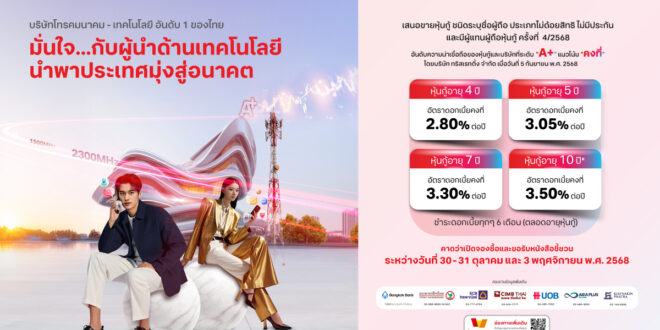 ทรู คอร์ปอเรชั่น เคาะดอกเบี้ยหุ้นกู้ชุดใหม่ อายุ 4 – 10 ปี ผลตอบแทนคงที่สูงสุด 3.50% ต่อปี ตอบโจทย์การลงทุนที่มั่นคง รับเทรนด์ดอกเบี้ยขาลง