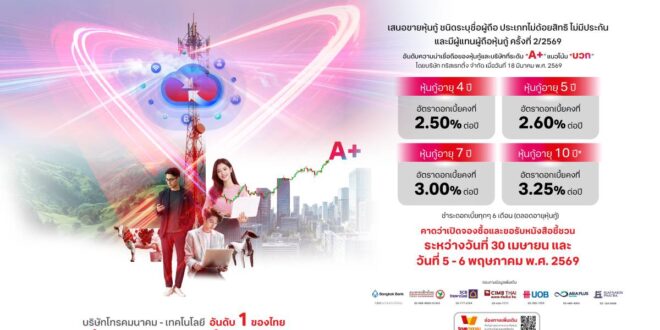 ทรู ประกาศดอกเบี้ยหุ้นกู้ชุดใหม่ อายุ 4 – 10 ปี ที่ 2.50 – 3.25% ต่อปี ชูทางเลือกที่มั่นคง เสริมแกร่งพอร์ตลงทุนรับมือตลาดการเงินผันผวน